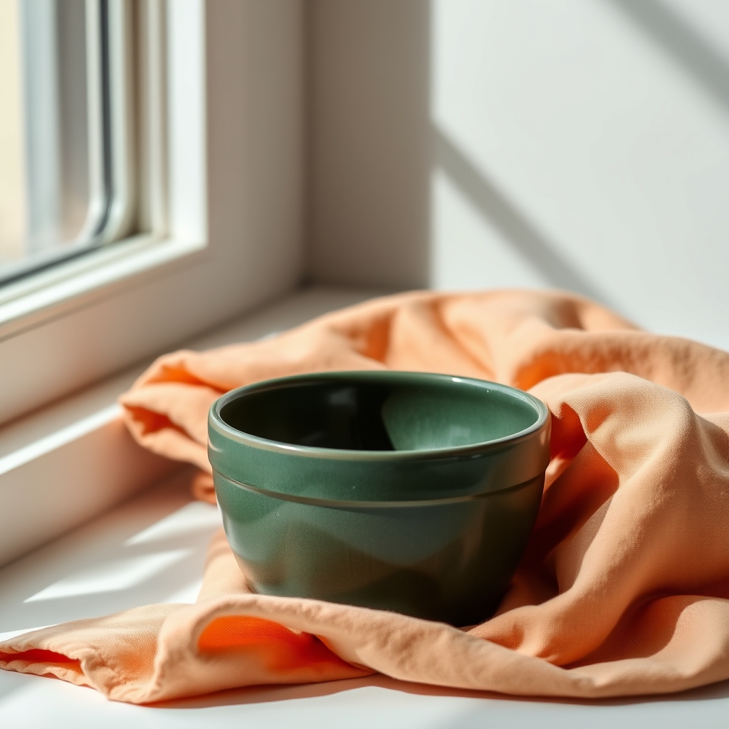 AI-generated green ceramic bowl on peach cloth beside a sunlit window